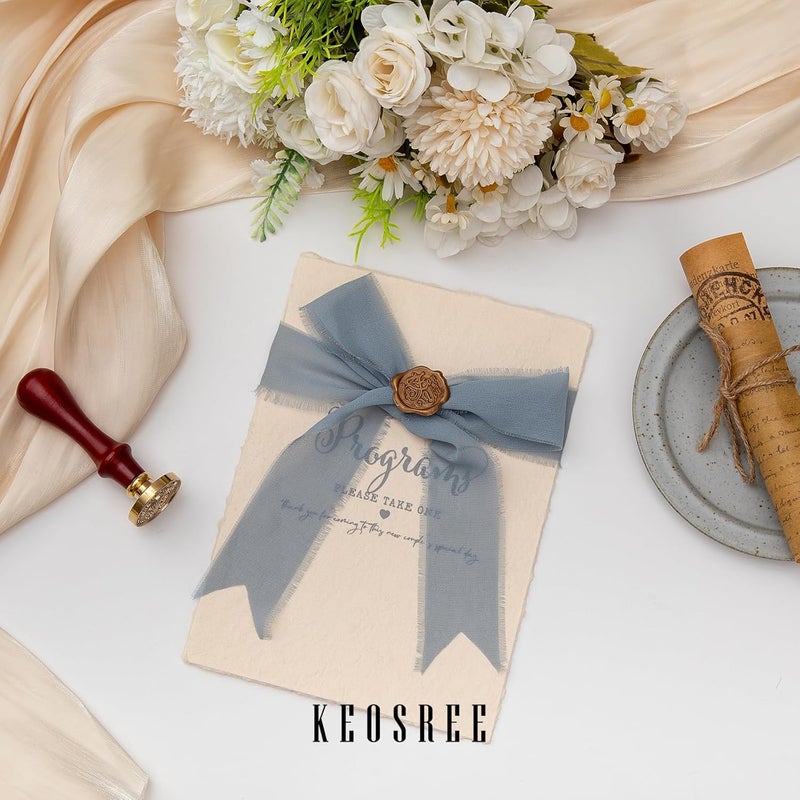 KEOSREE 3 Rolls Dusty Blue Handmade Chiffon Ribbon,1.5" x 21Yd Frayed Fringe Silk Ribbons (3 Rolls *7Yd) for Gifts Wrapping, Wedding Invitations, Bridal Bouquets, Decorations - Image 5